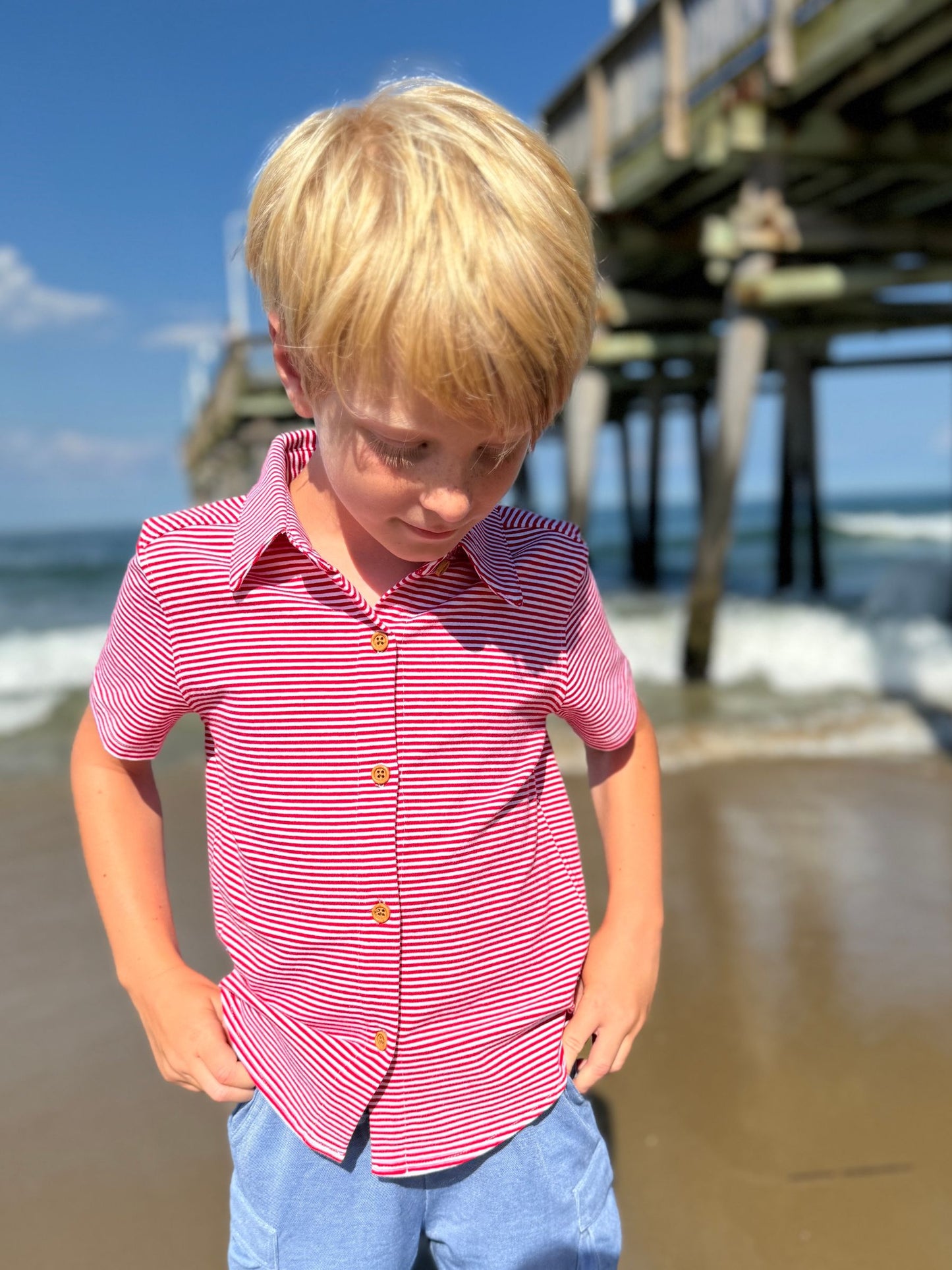 Red and White Striped Tiller Jersey Shirt