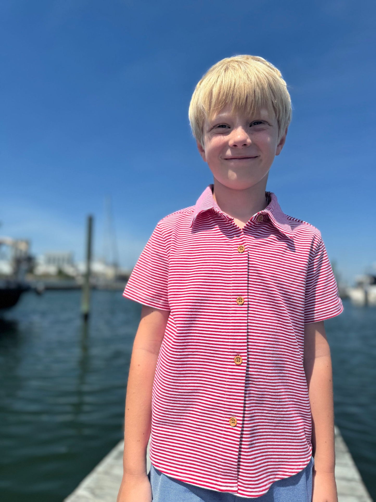 Red and White Striped Tiller Jersey Shirt