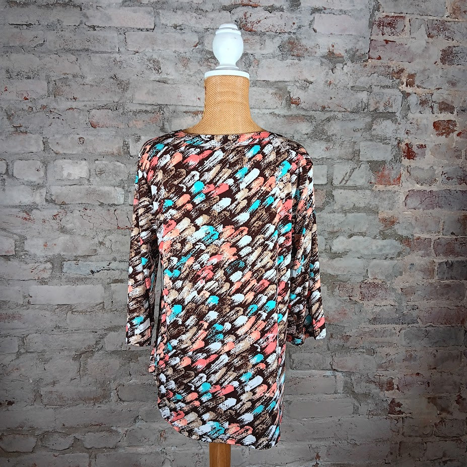 Coral and Brown 3/4 Sleeve Top (Plus-Size)