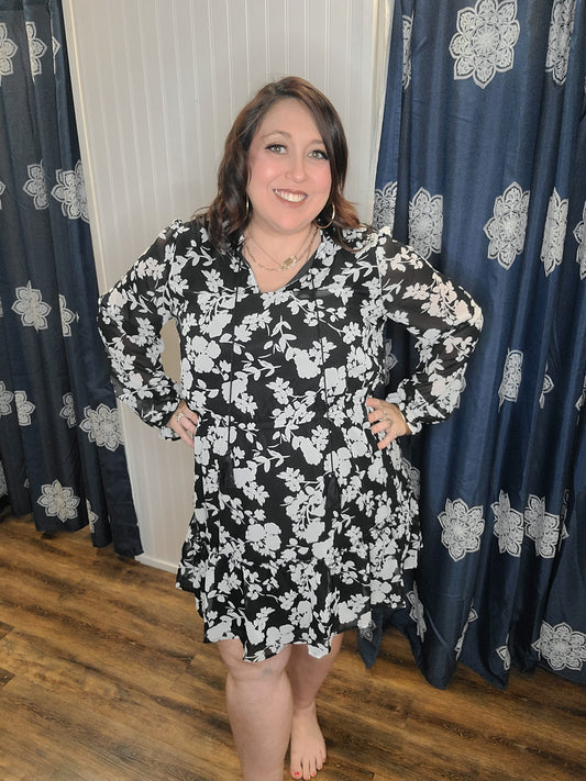 Black Floral Dress 100% Polyester and Lined