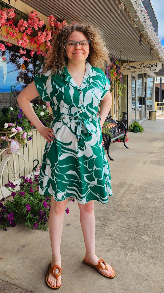 Green and White Floral Print Dress