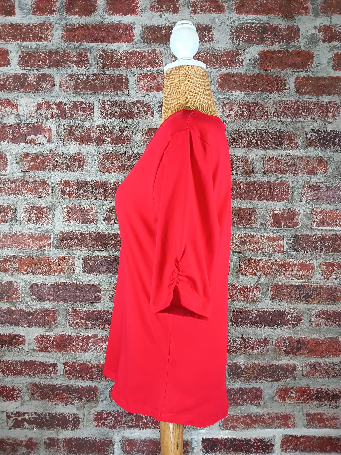Red/White Ruched V-Neck Top Short Sleeve