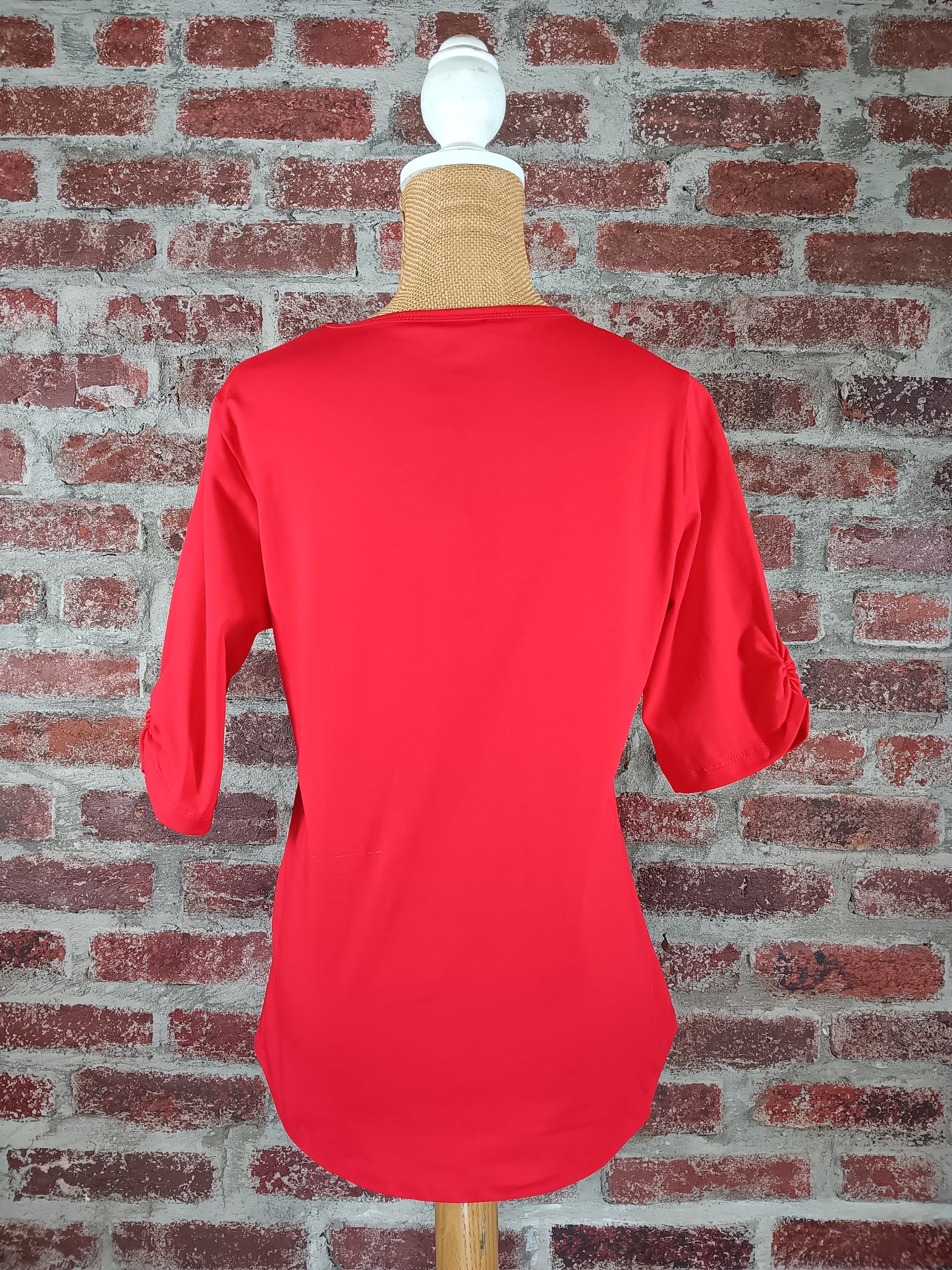 Red/White Ruched V-Neck Top Short Sleeve