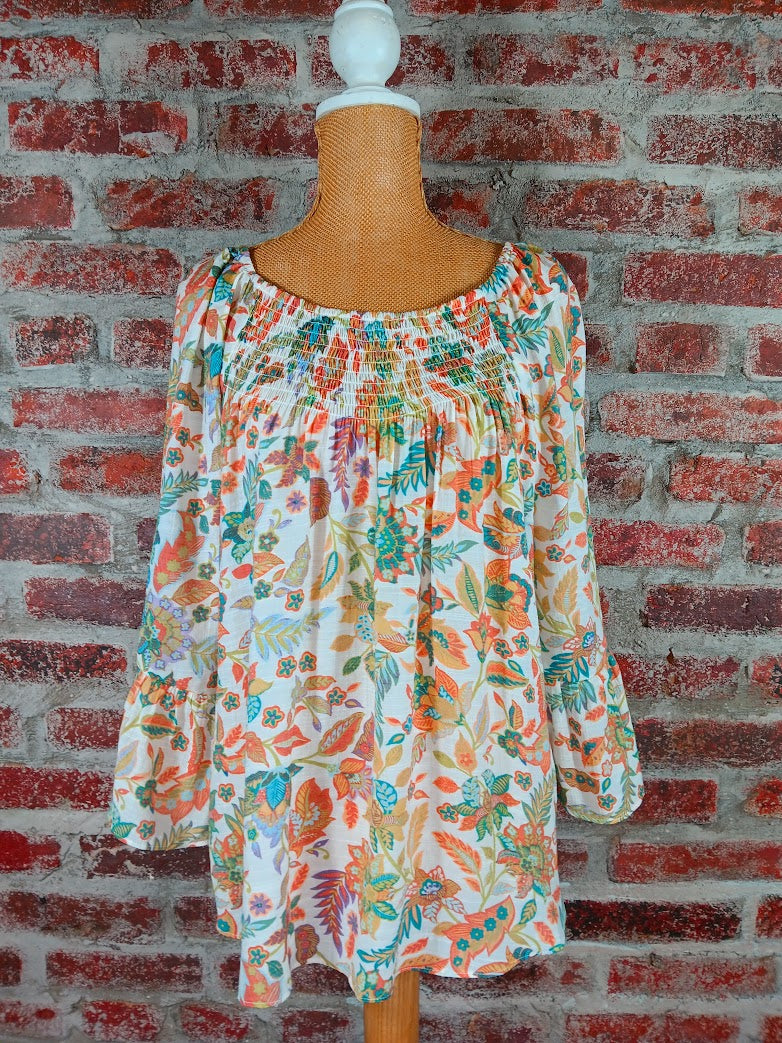 Multicolored Floral 3/4 Ruffle Sleeve Top