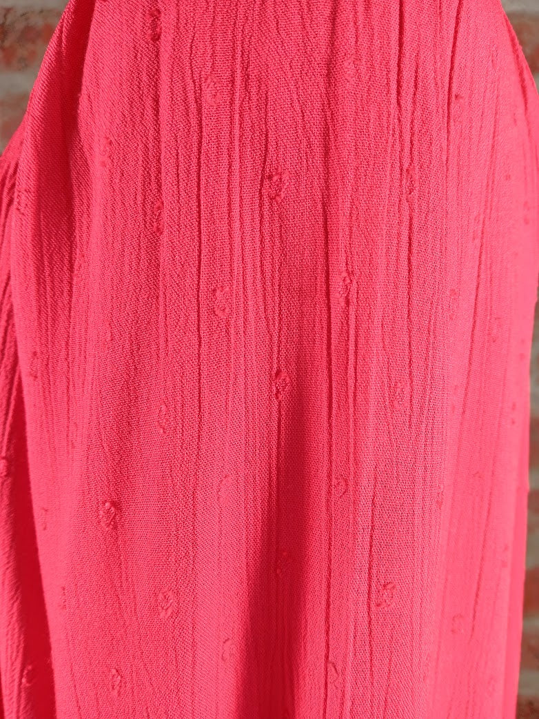 Raspberry Colored, Tie Tassel Neck, Subtle Dot Print, Ruffle 3/4 Sleeve