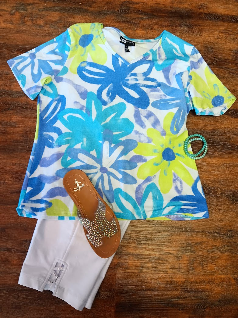 Floral Blue Green Short Sleeve T-shirt