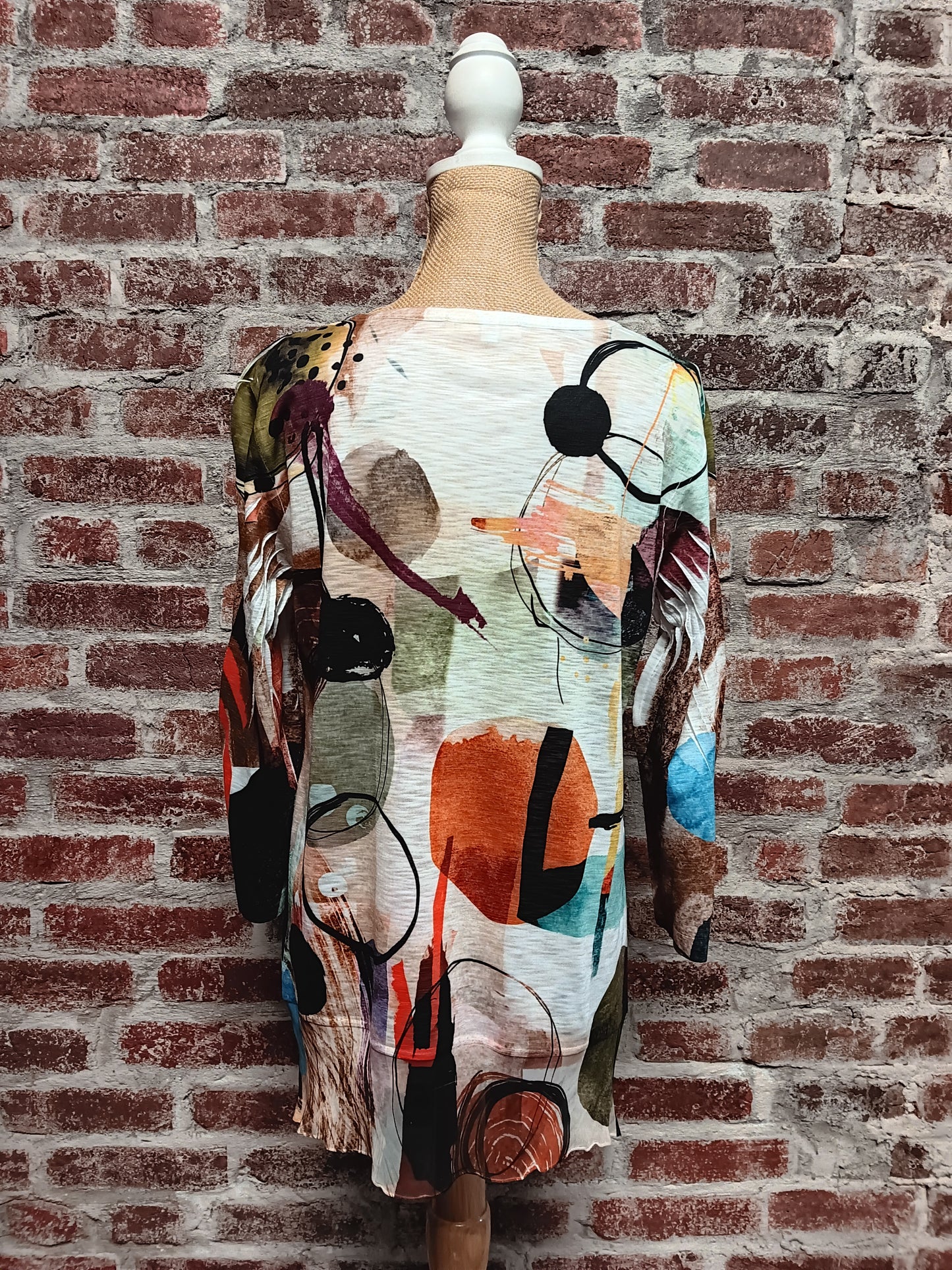 Abstract 3/4 Sleeve Chiffon Trim Hem Top