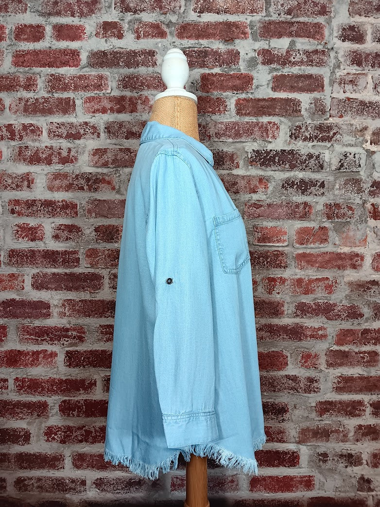 Ice Blue Frayed Button Shirt w/Pockets (Plus-Sized)