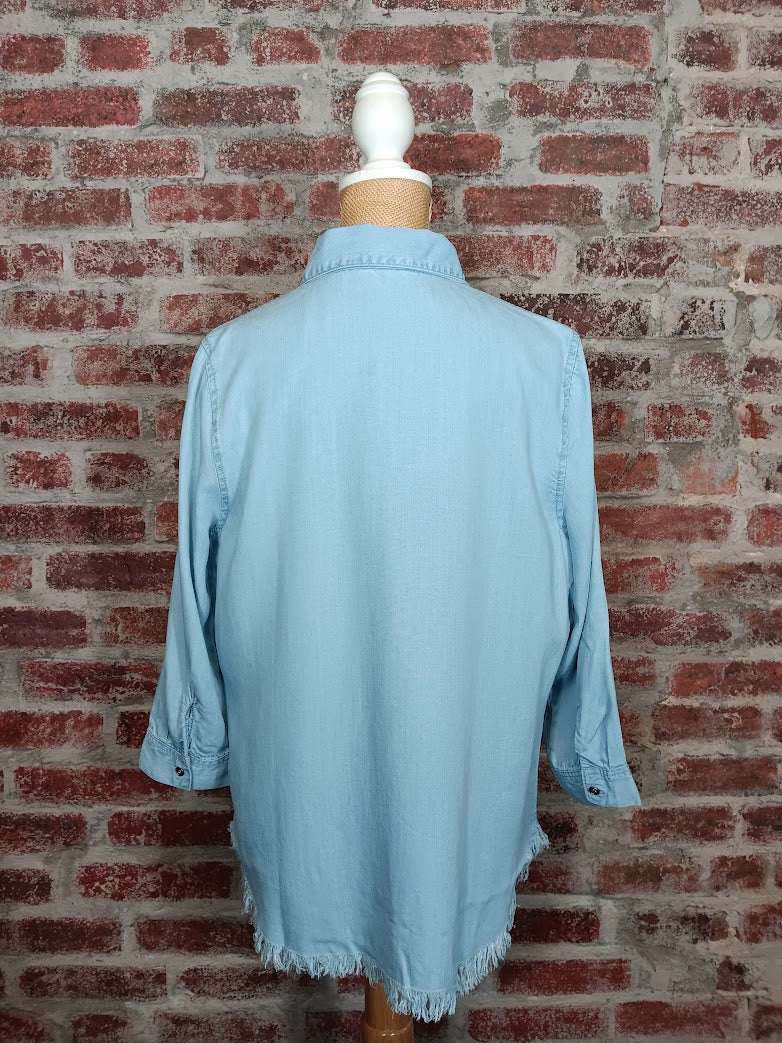 Ice Blue Frayed Button Shirt w/Pockets (Plus-Sized)