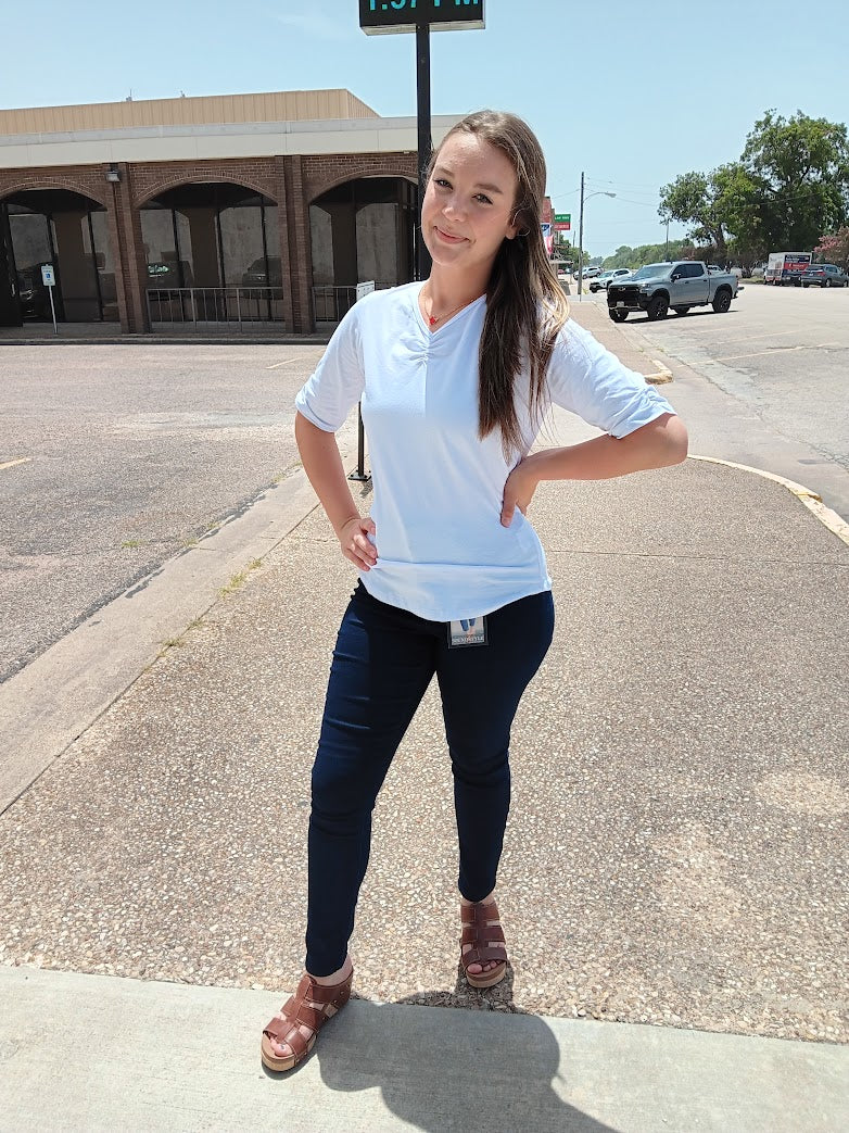 Red/White Ruched V-Neck Top Short Sleeve