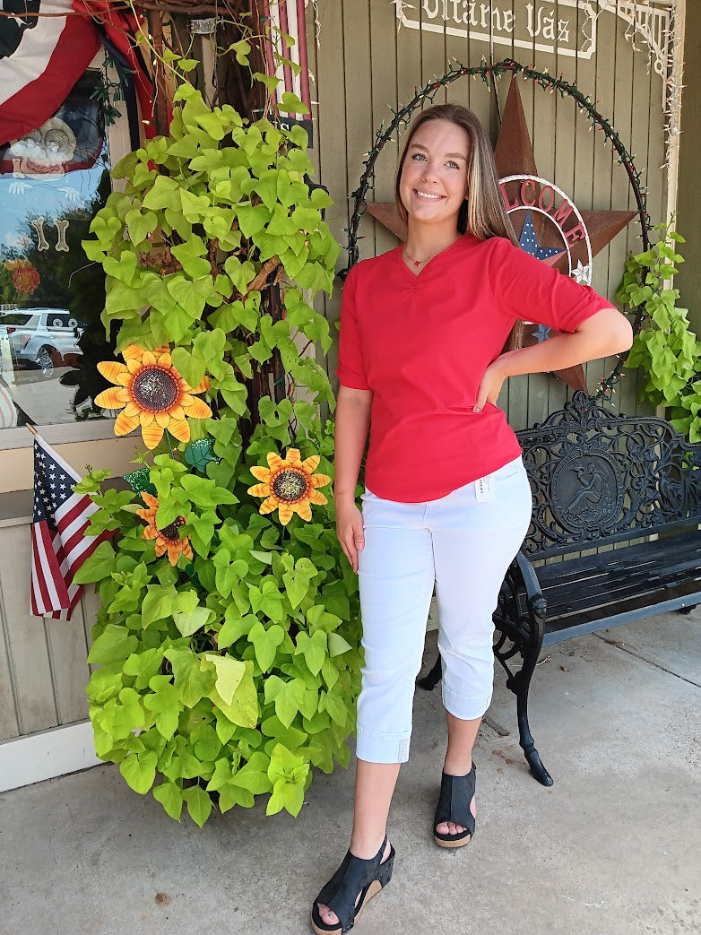 Red/White Ruched V-Neck Top Short Sleeve