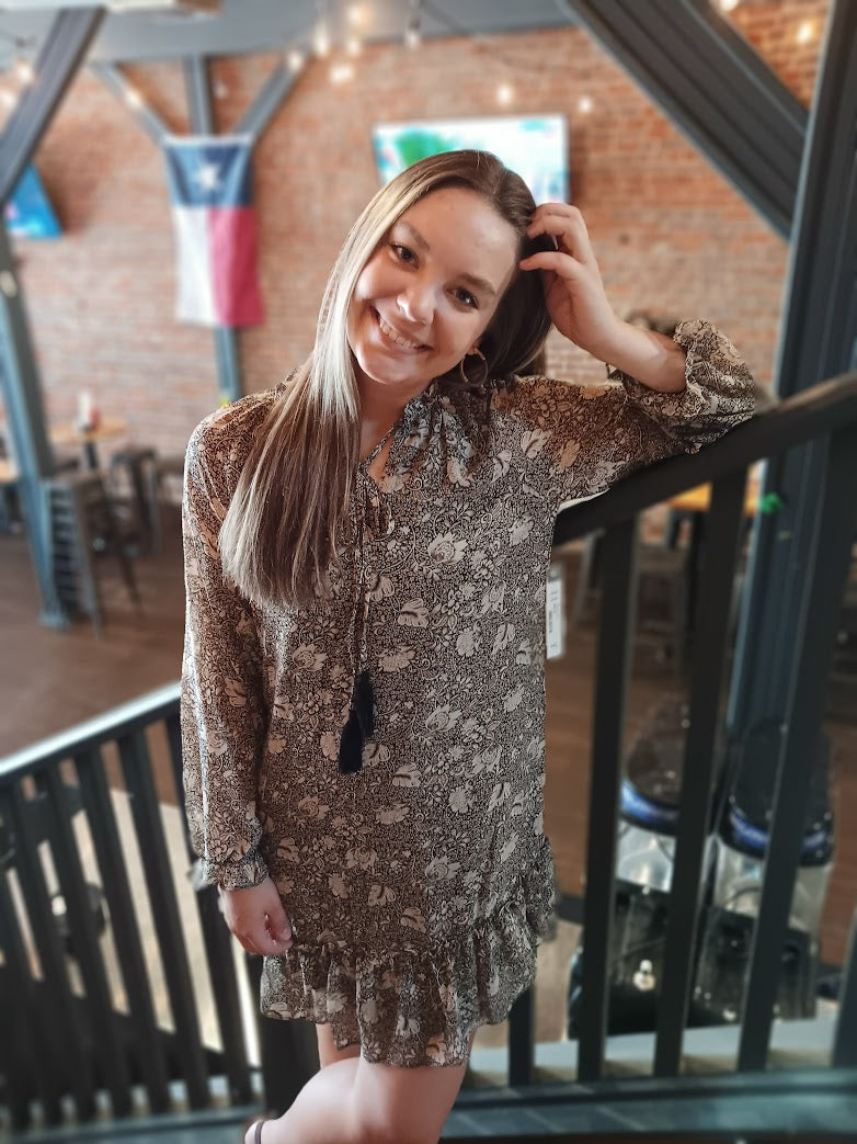 Black and Ivory Floral Ruffle Dress
