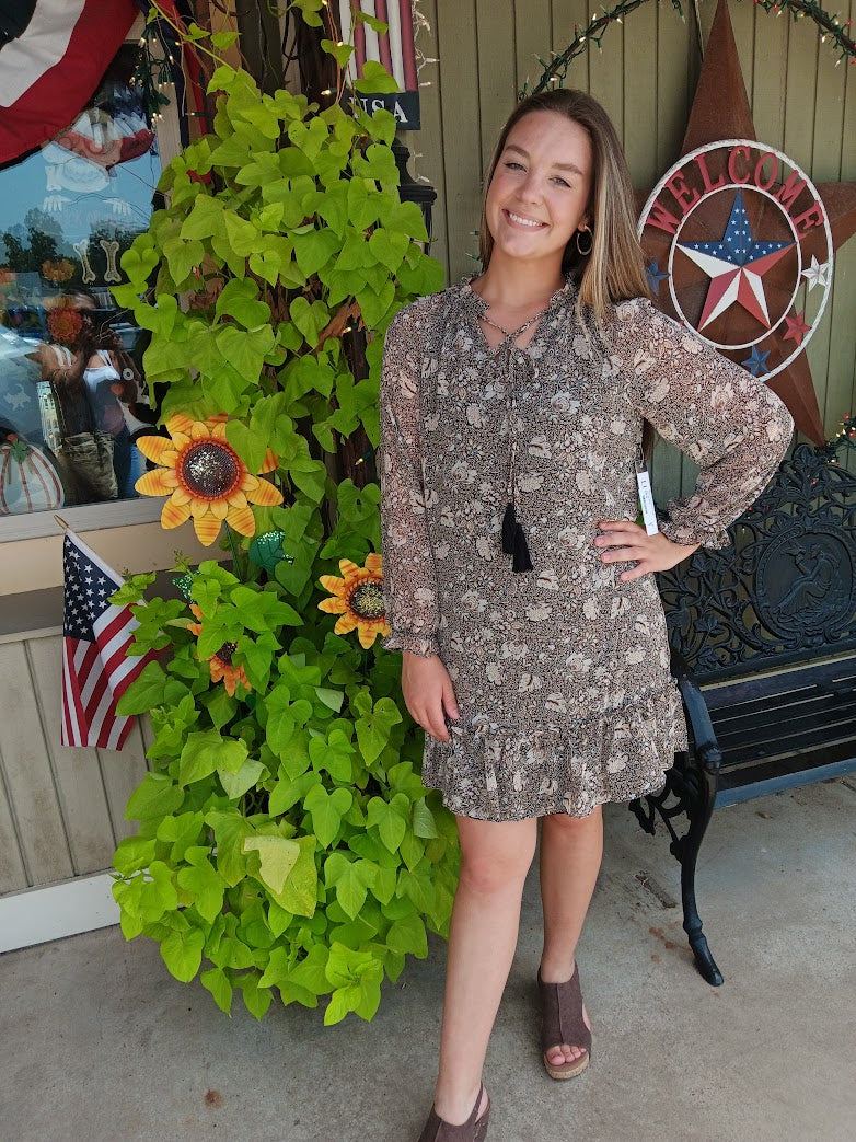 Black and Ivory Floral Ruffle Dress