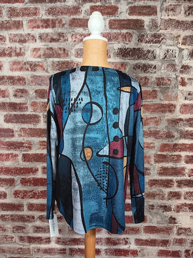Blue Long Sleeve Abstract Tunic Top (Plus-Sized)