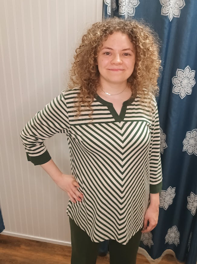 Ivory and Green Striped 3/4 Sleeve Top