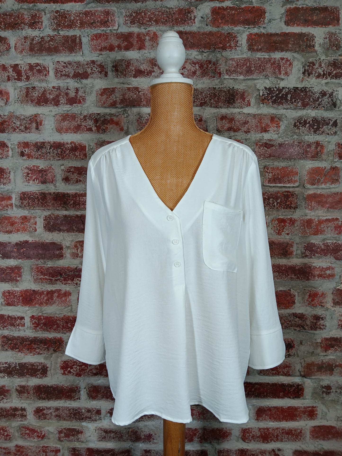 Olive/Ivory/Black Long Sleeve V-neck Faux Button Blouse