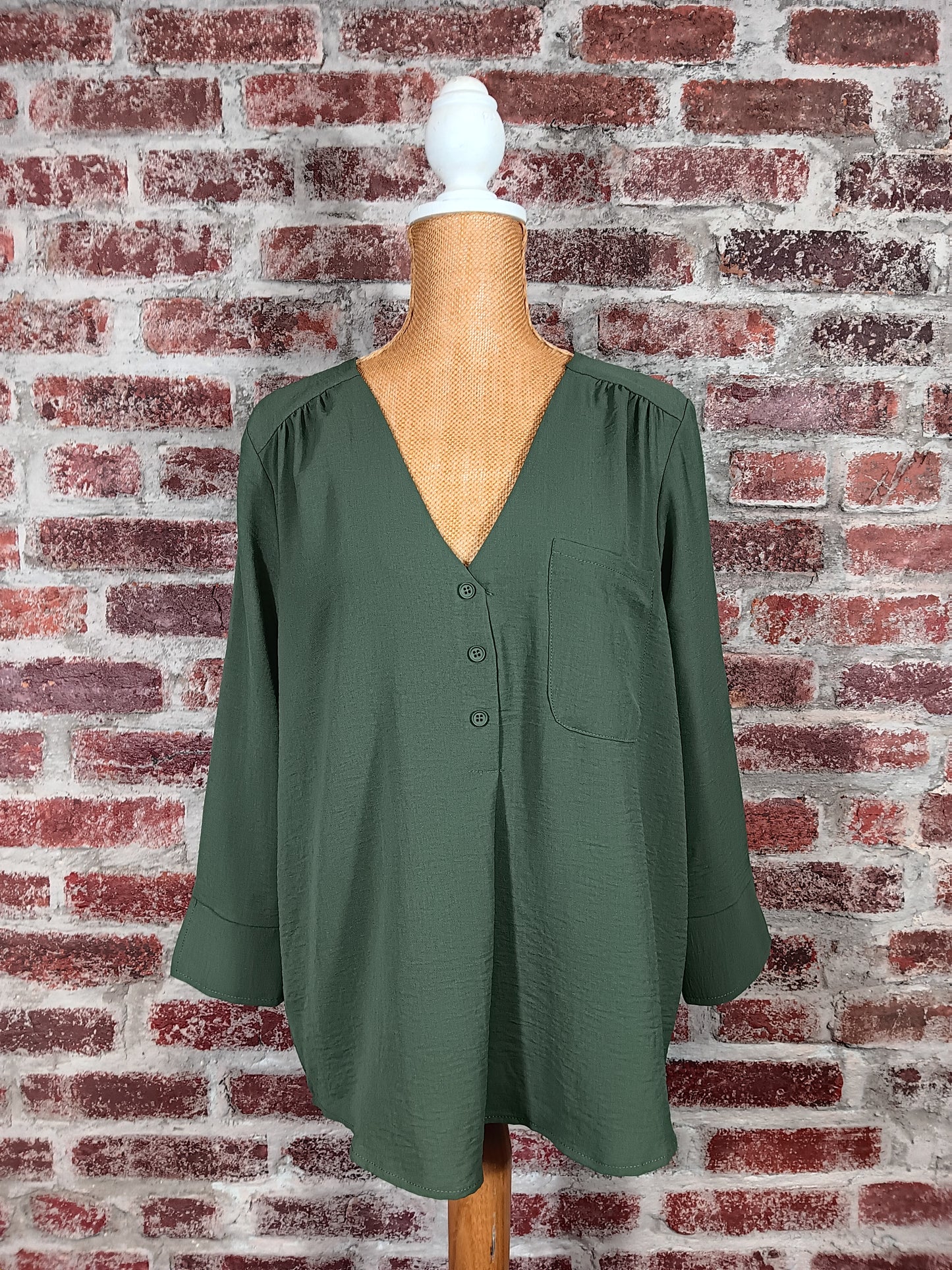 Olive/Ivory/Black Long Sleeve V-neck Faux Button Blouse