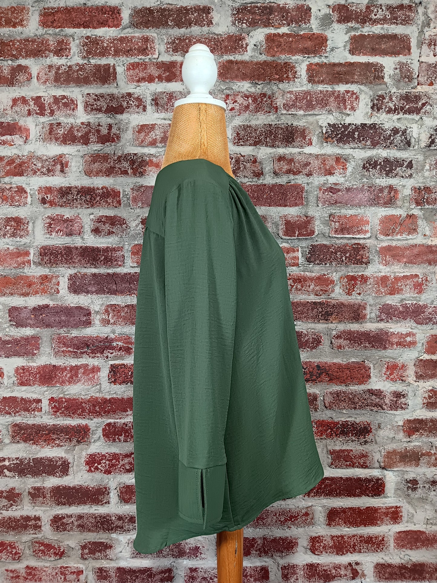 Olive/Ivory/Black Long Sleeve V-neck Faux Button Blouse