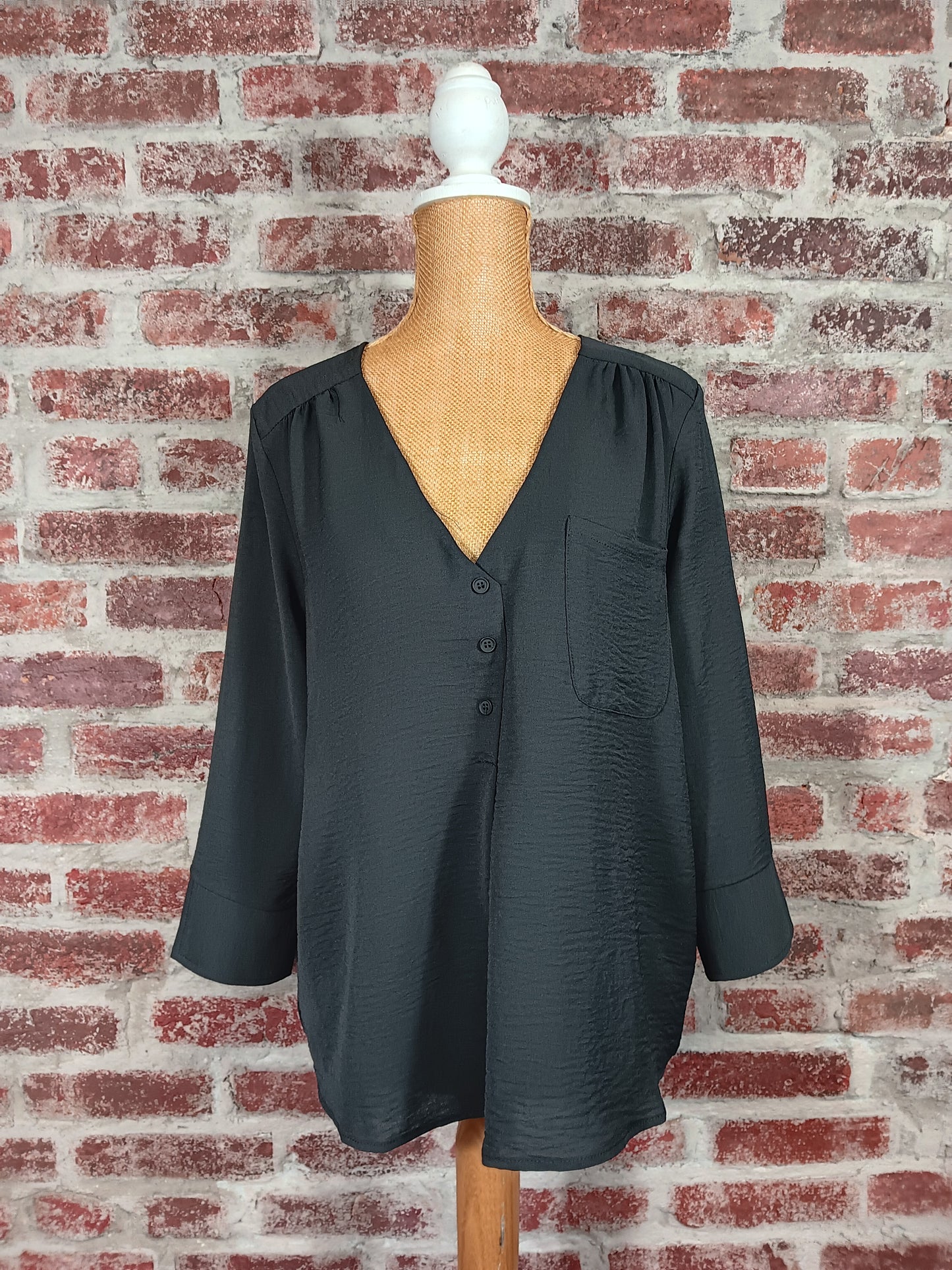 Olive/Ivory/Black Long Sleeve V-neck Faux Button Blouse