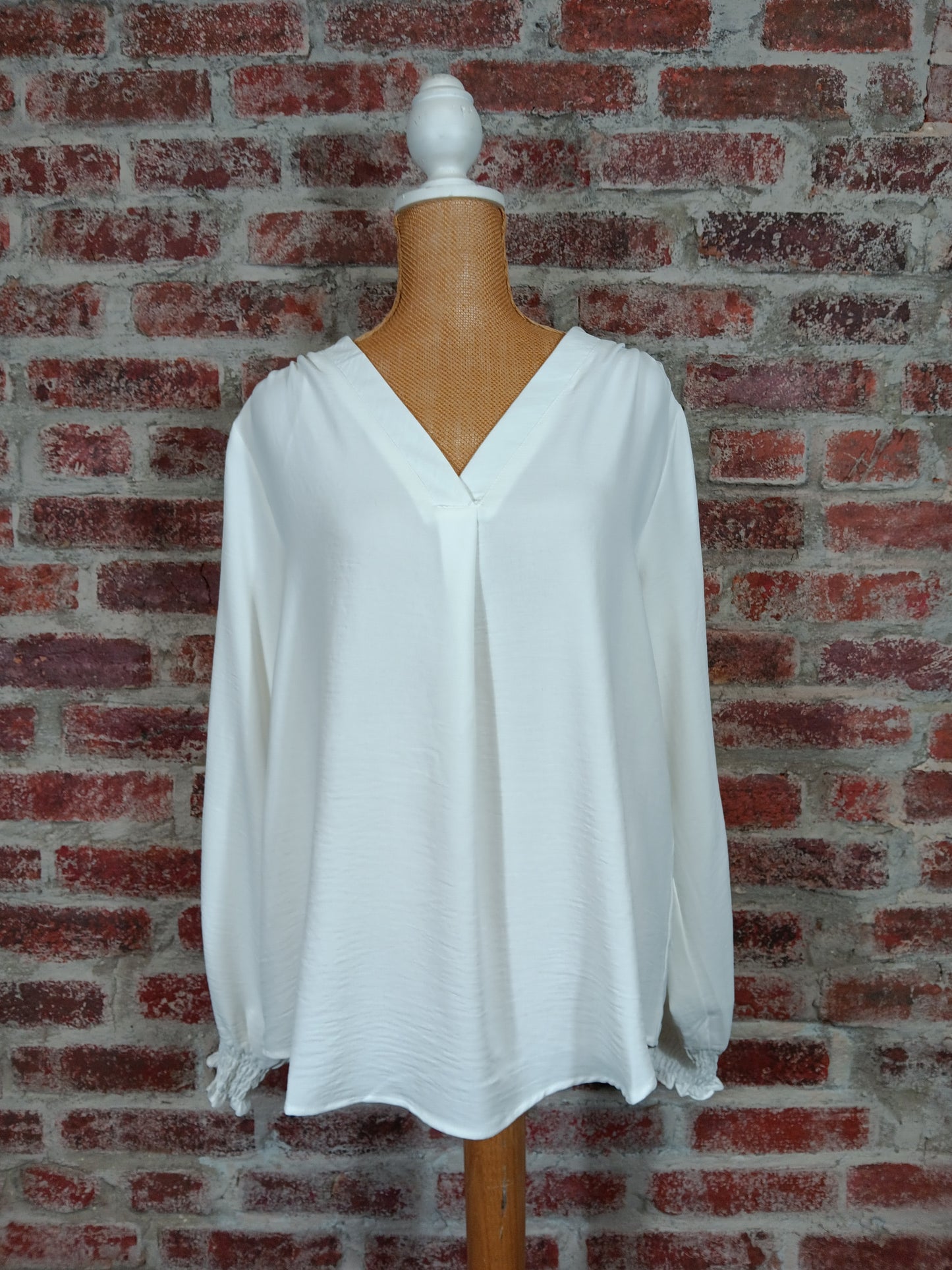 Marshmallow Colored Smocked Long Sleeve Cuff V-neck Top
