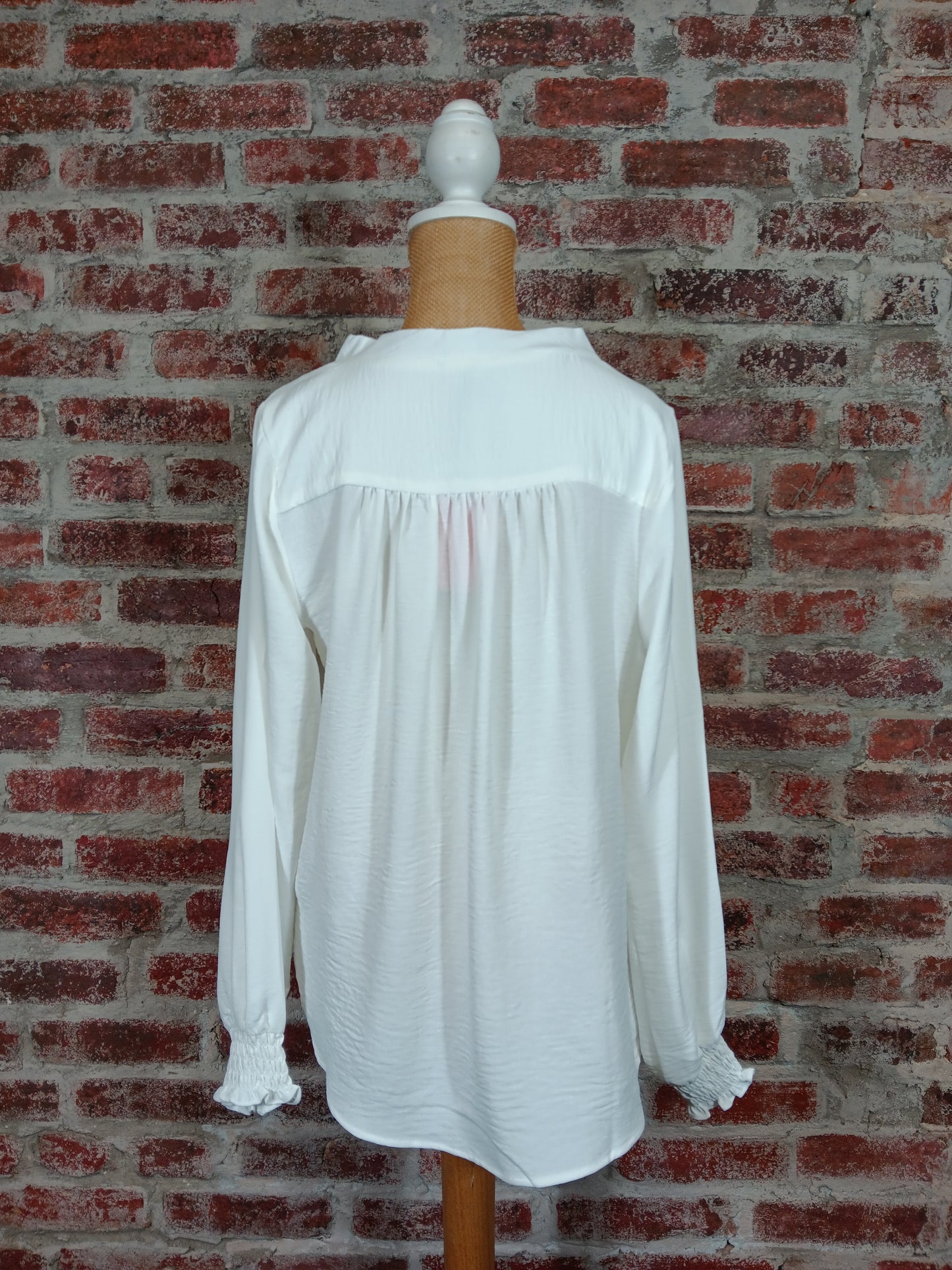 Marshmallow Colored Smocked Long Sleeve Cuff V-neck Top