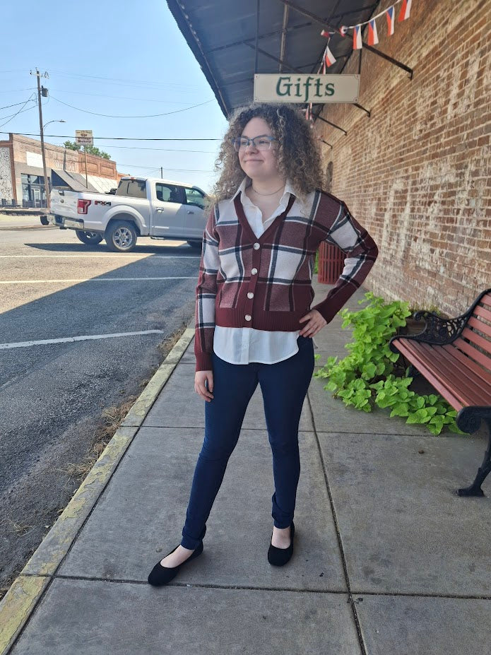 Wine/Brown Plaid Collar Pullover