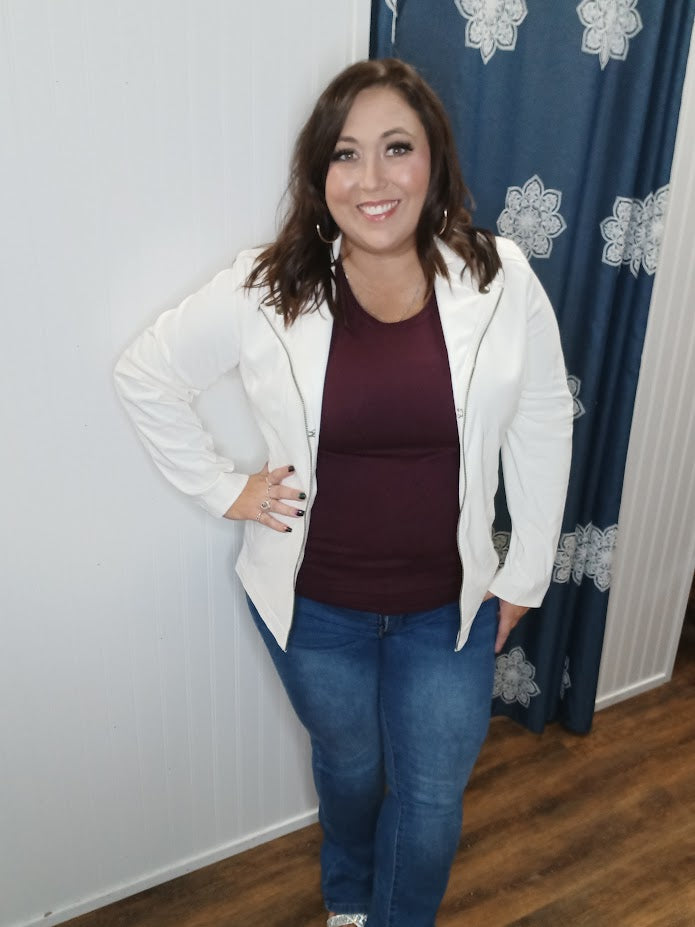 White Long Sleeve Faux Zipper Jacket