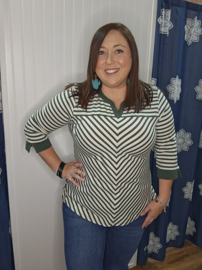 Ivory and Green Striped 3/4 Sleeve Top