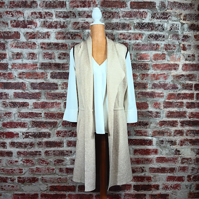 Long Beige Drawstring Vest w/Pocket