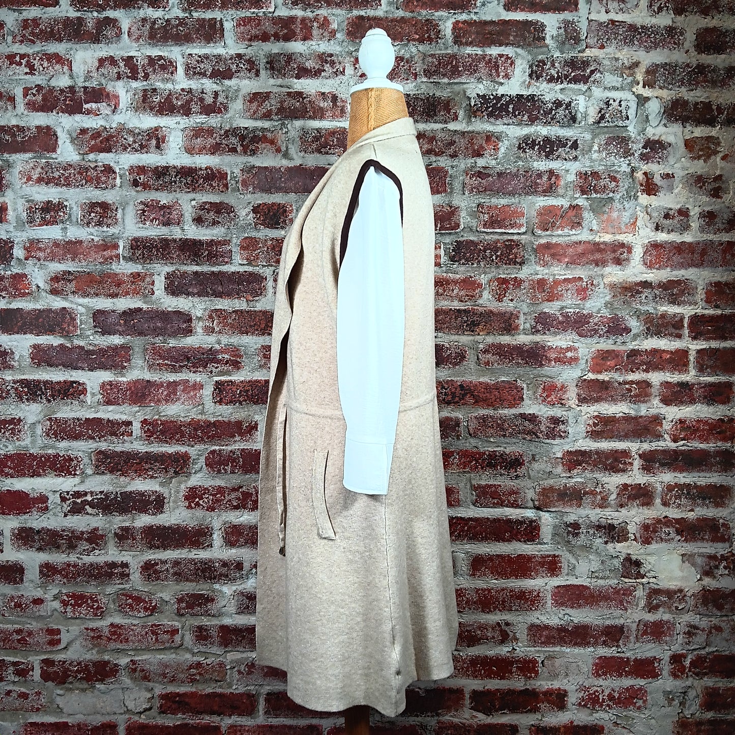 Long Beige Drawstring Vest w/Pocket