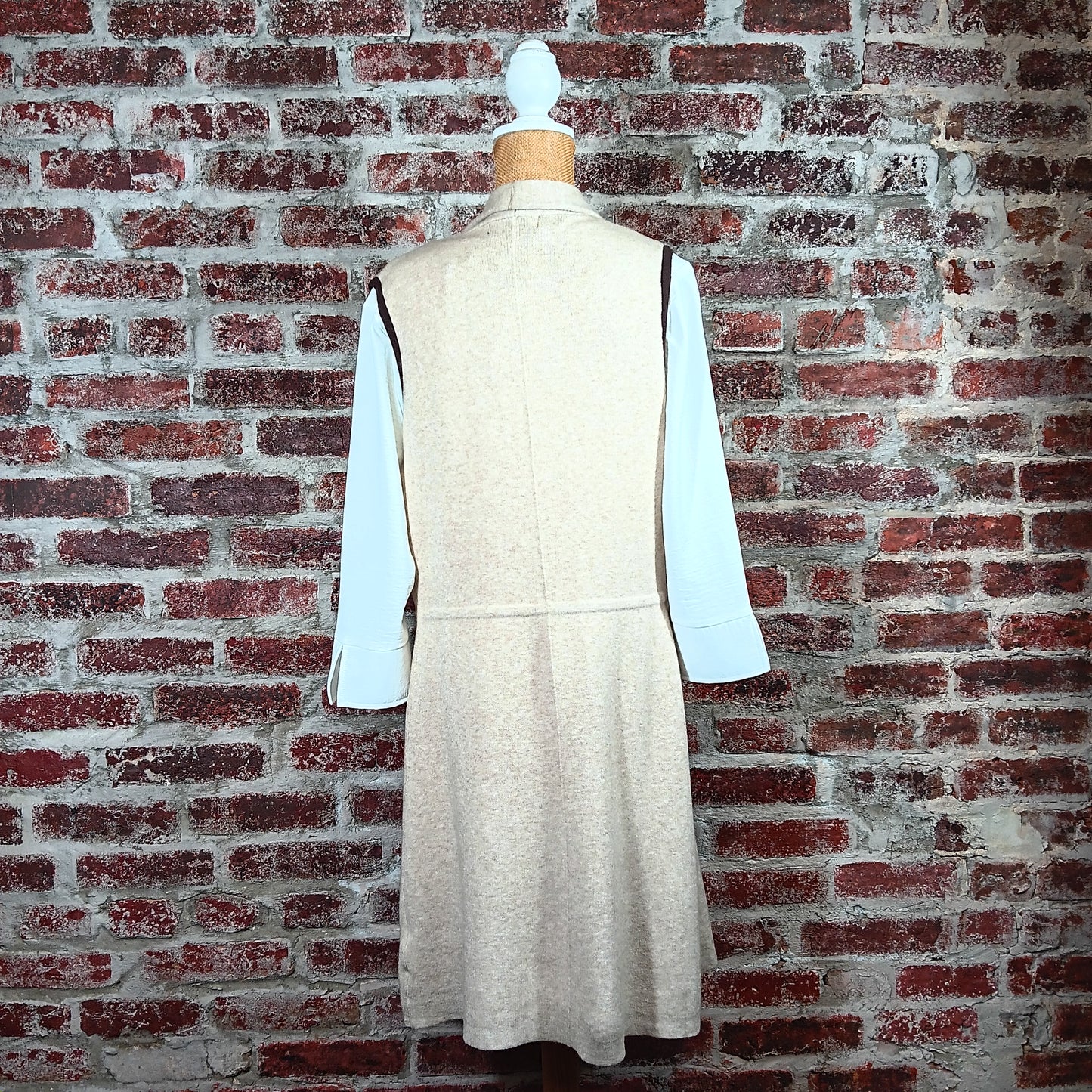 Long Beige Drawstring Vest w/Pocket