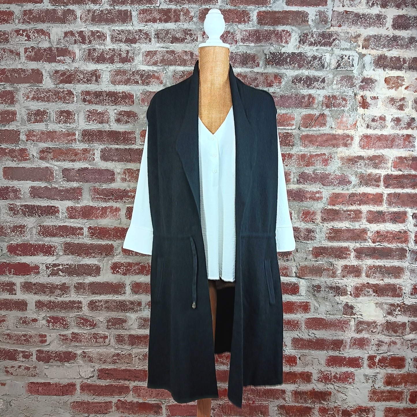 Long Black Drawstring Vest w/Pockets