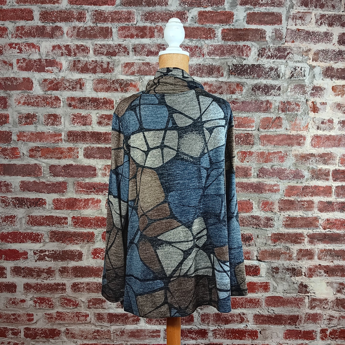 Blue and Gray Drawstring Cowl Neck Pullover