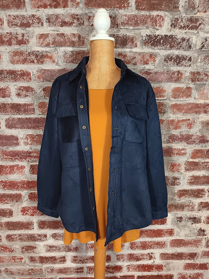 Navy Faux Suede Button-Up Top