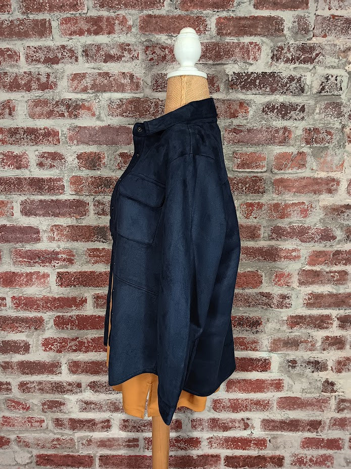 Navy Faux Suede Button-Up Top