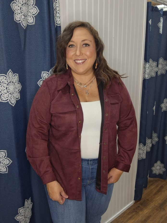 Wine Faux Suede Button-Up Top