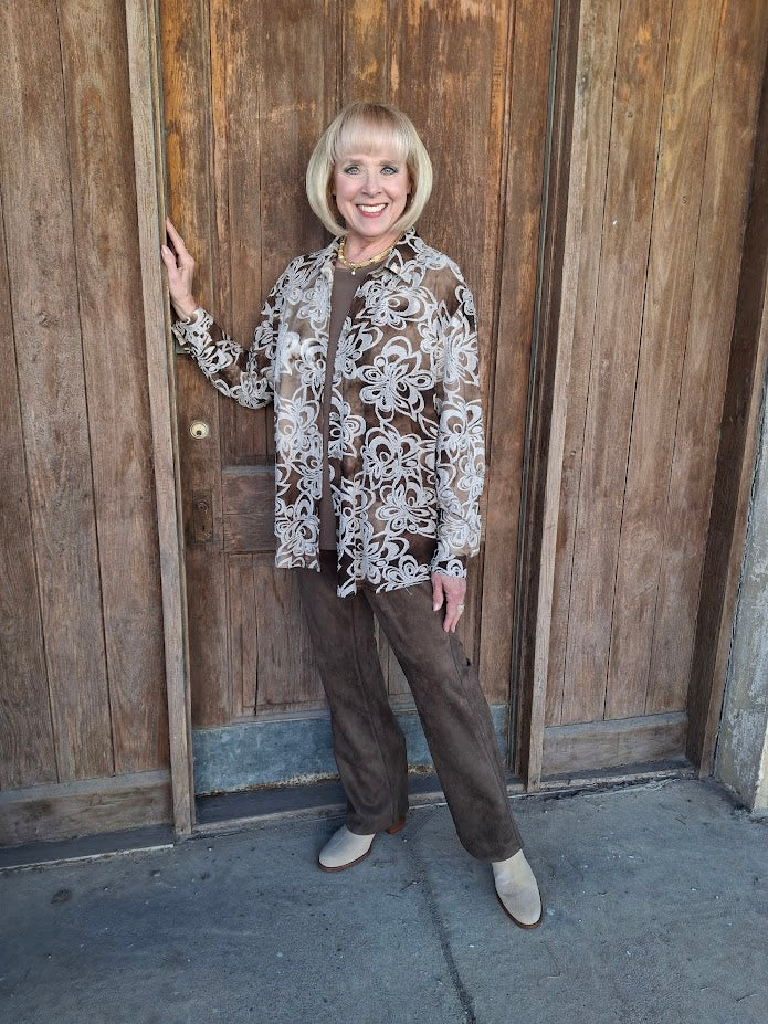 Brown Floral Print Button Up Sleeve Top