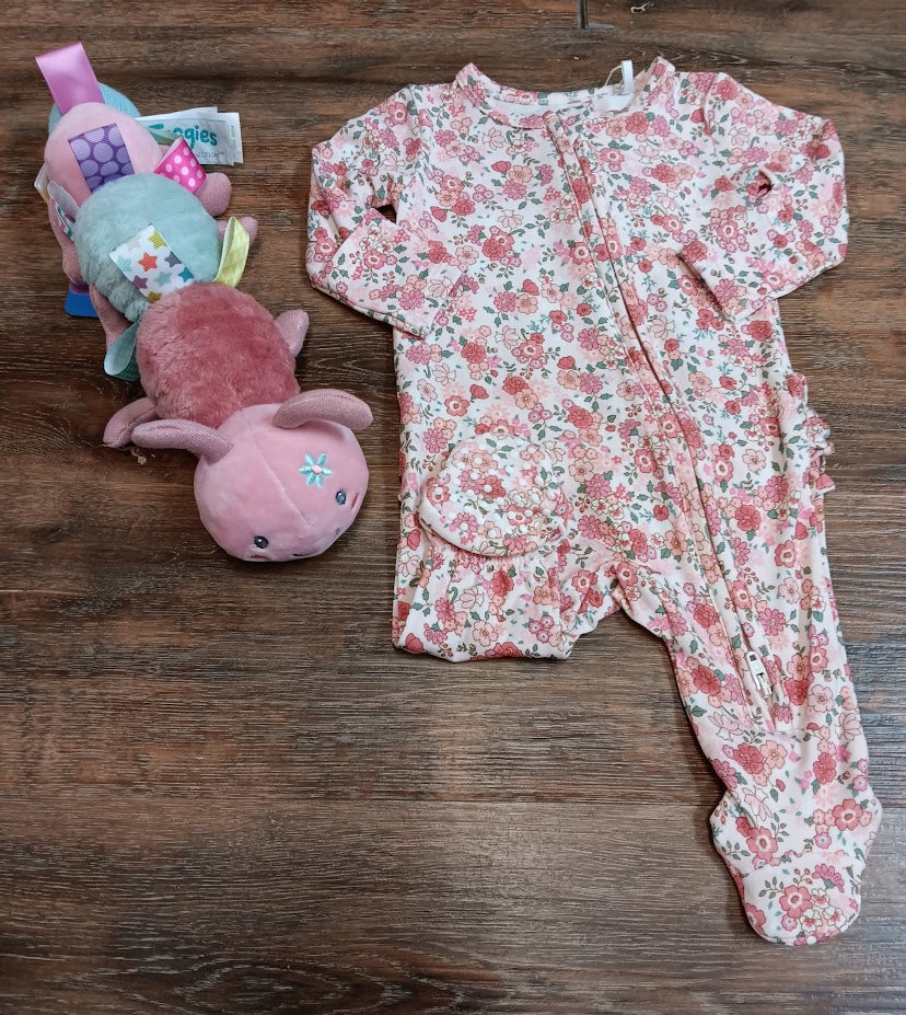 Pink Floral Acorn 2way Zipper Footie