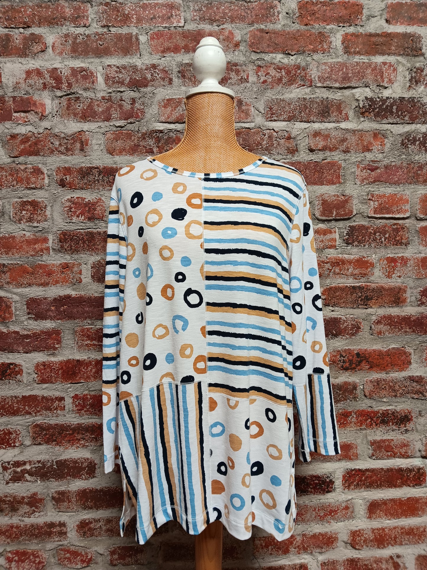 Blue/Sandstone Dot Stripe Multipanel 3/4 Sleeve Top