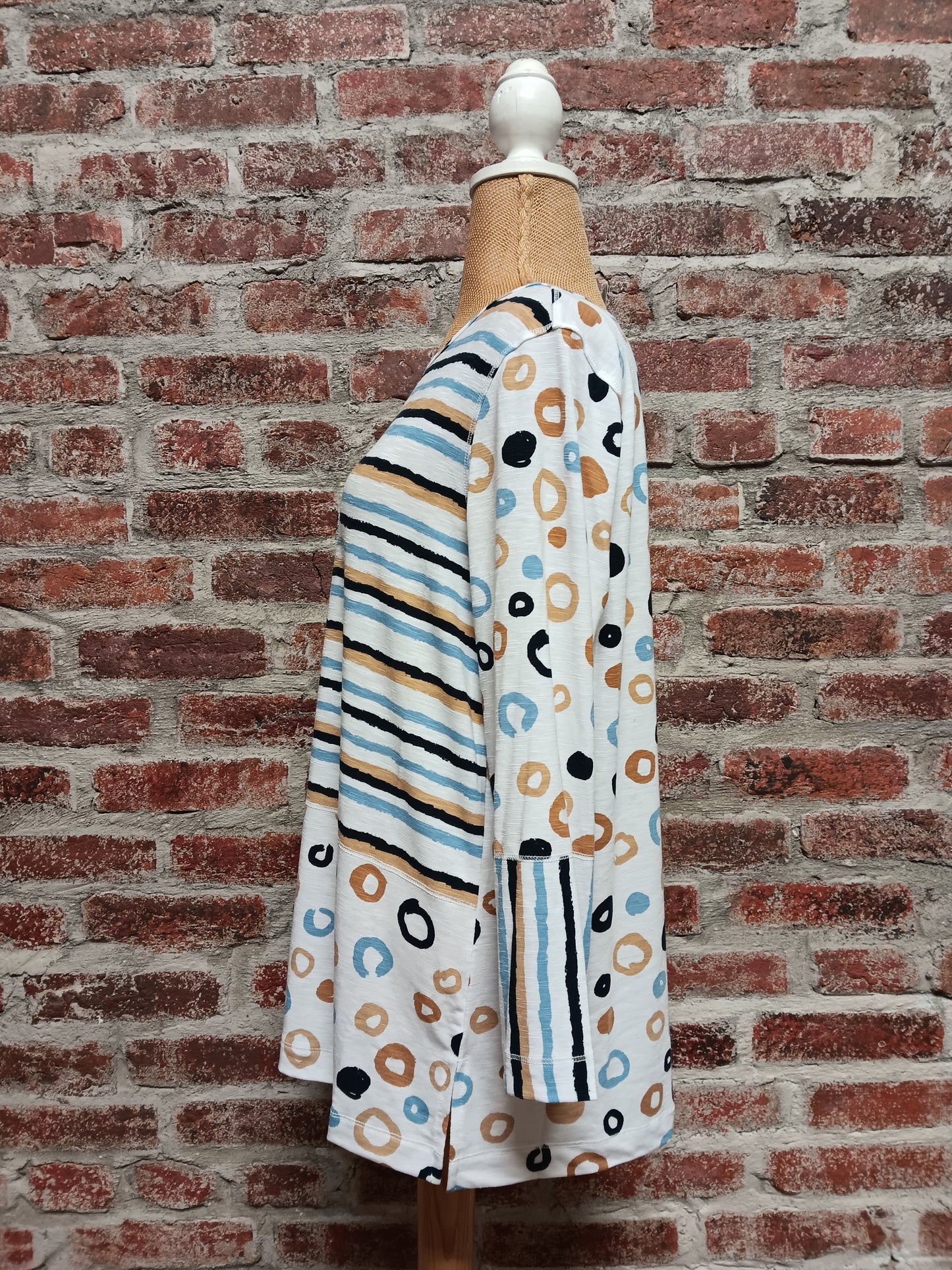 Blue/Sandstone Dot Stripe Multipanel 3/4 Sleeve Top