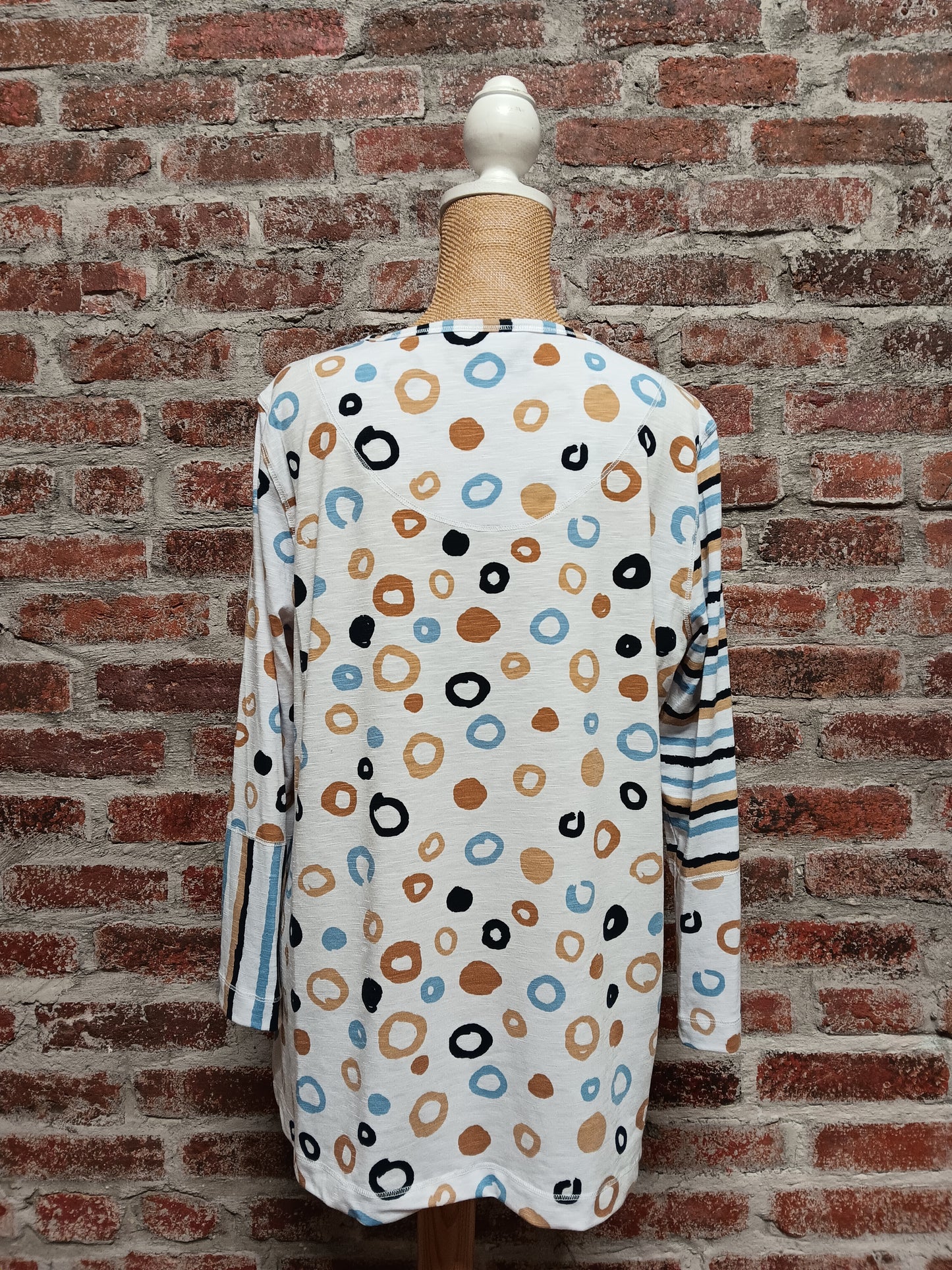 Blue/Sandstone Dot Stripe Multipanel 3/4 Sleeve Top