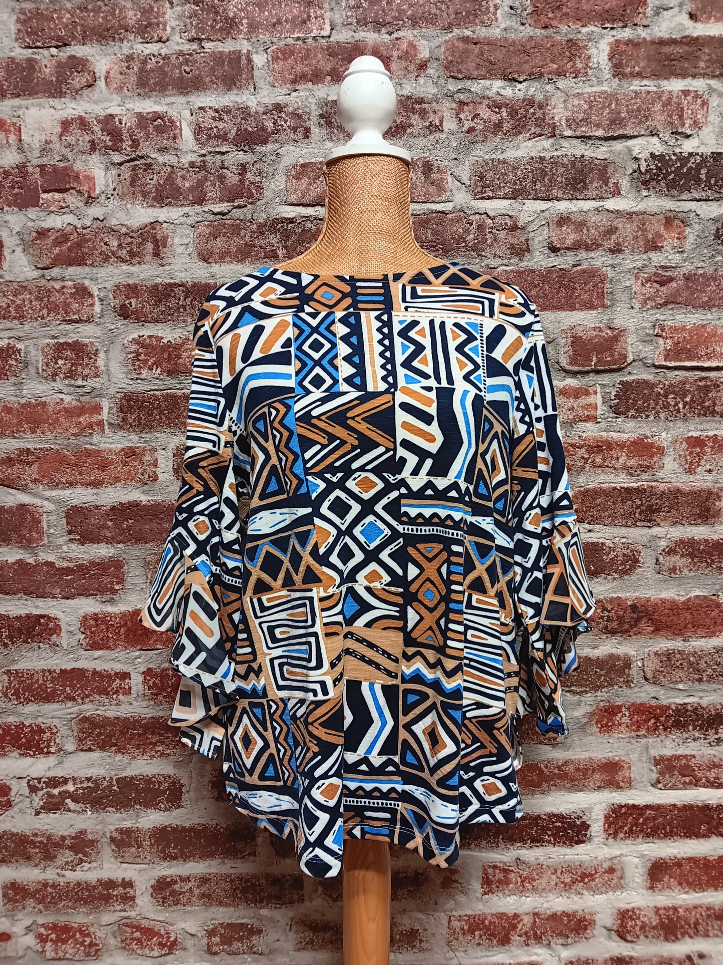 Geometric Print Blue/Sandstone 3/4 Flounce Sleeve Top