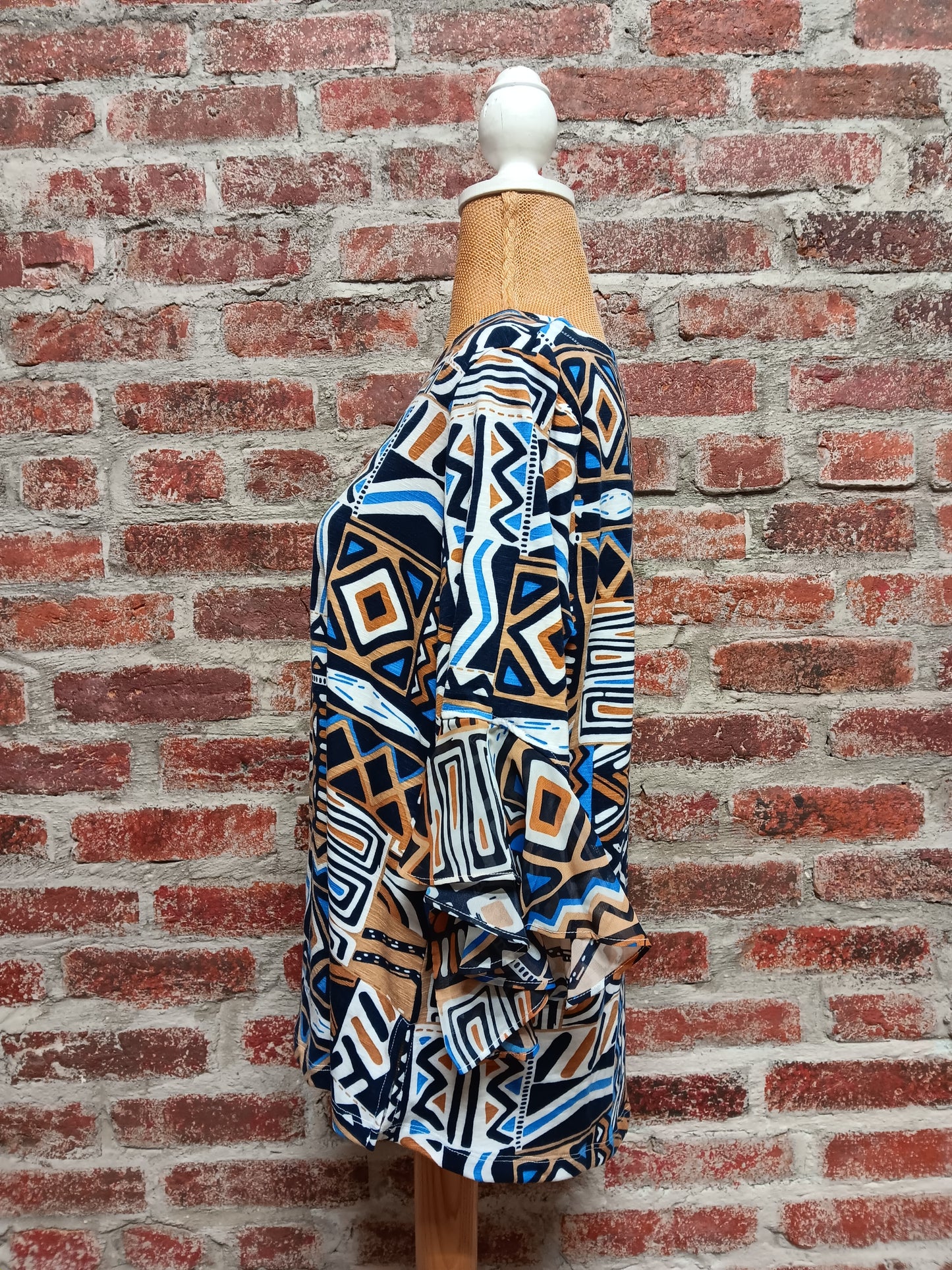Geometric Print Blue/Sandstone 3/4 Flounce Sleeve Top