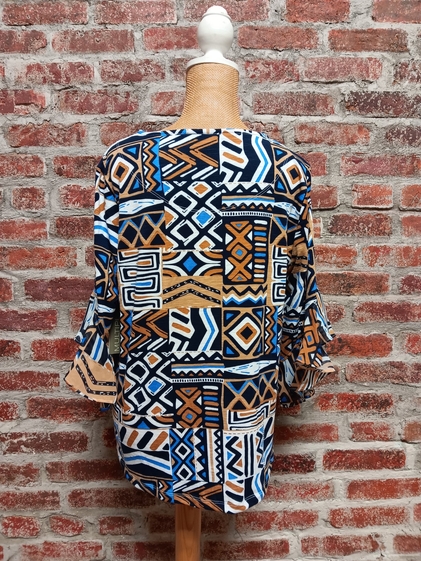 Geometric Print Blue/Sandstone 3/4 Flounce Sleeve Top