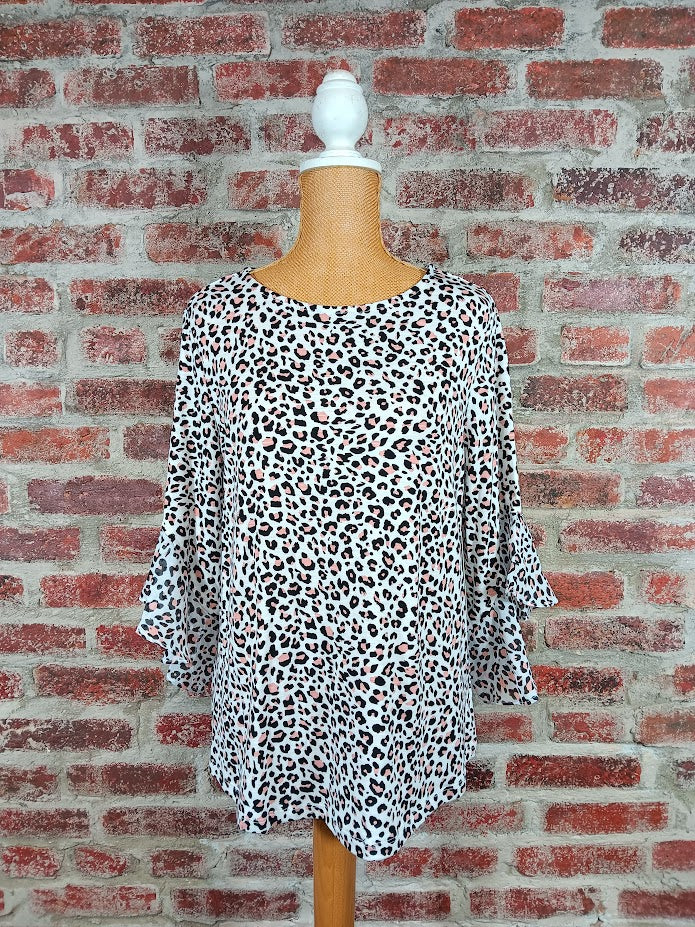 Blush Animal Print 3/4 Flounce Sleeve Top
