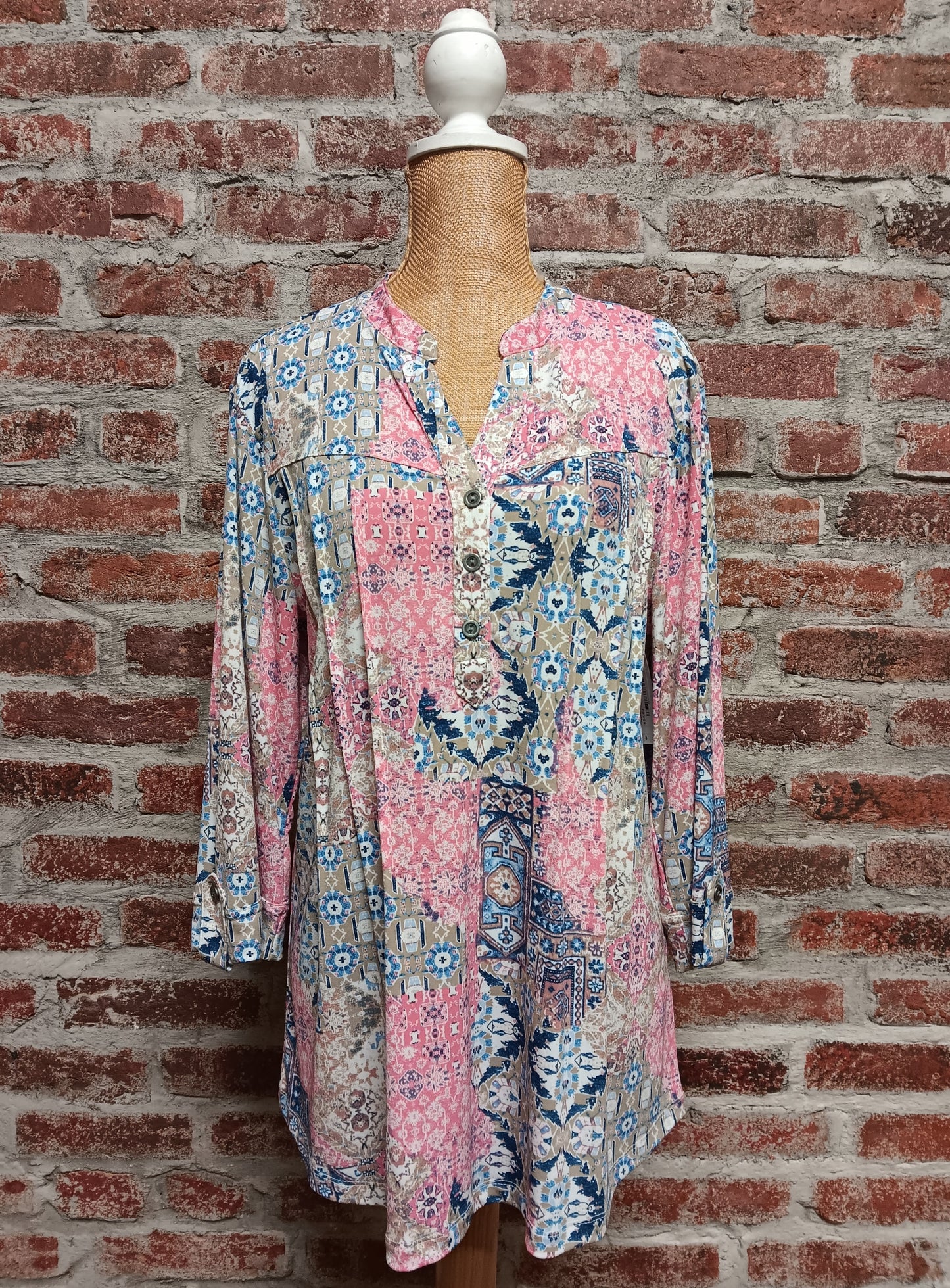 Pink And Denim Patterned 3/4 Sleeve Plus Size Top