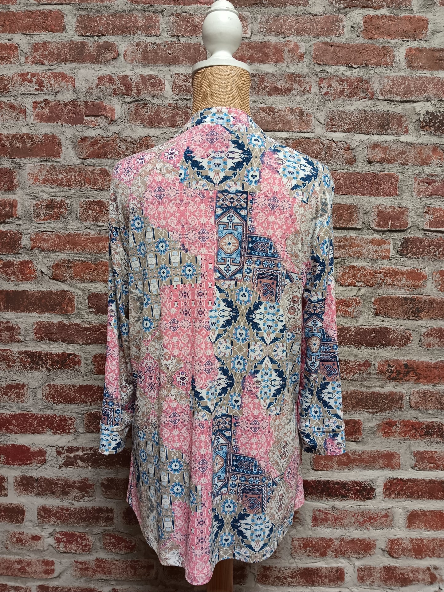 Pink And Denim Patterned 3/4 Sleeve Plus Size Top
