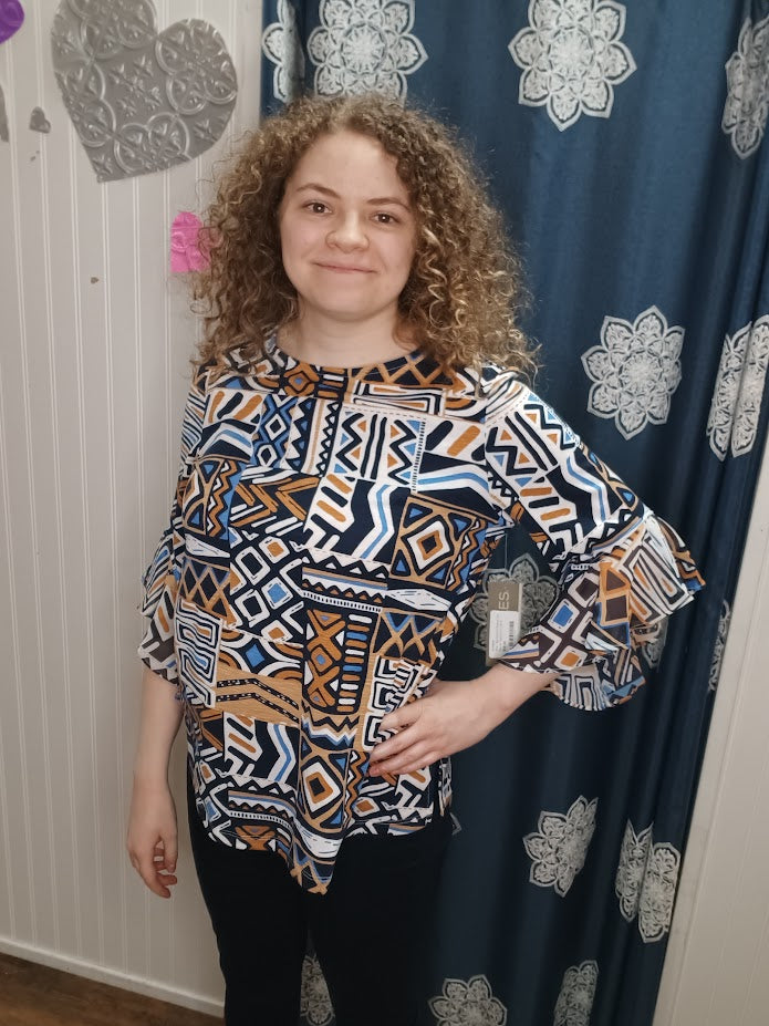 Geometric Print Blue/Sandstone 3/4 Flounce Sleeve Top