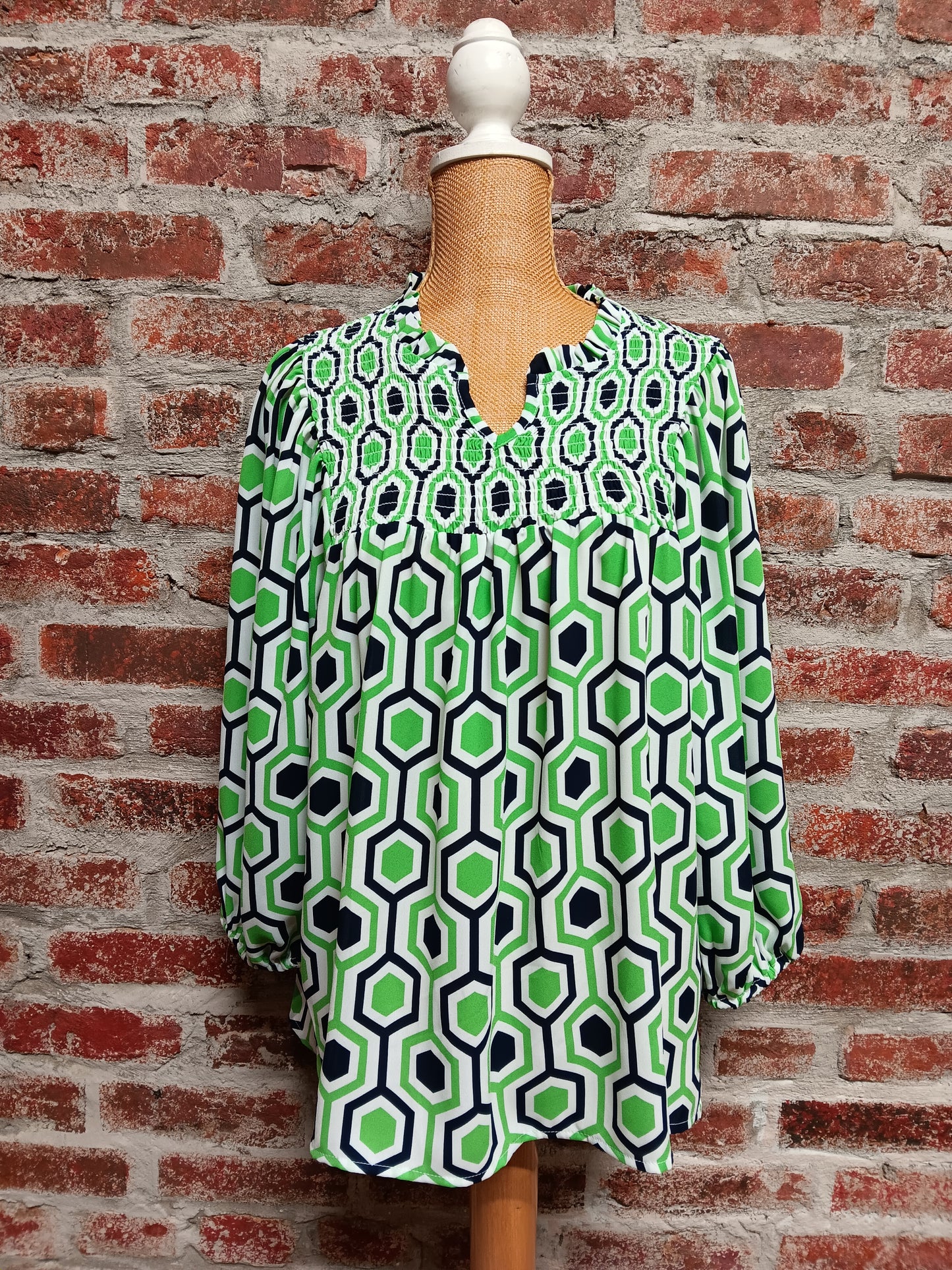 Hexagon Print Navy/White/Green Smocked Neck Top