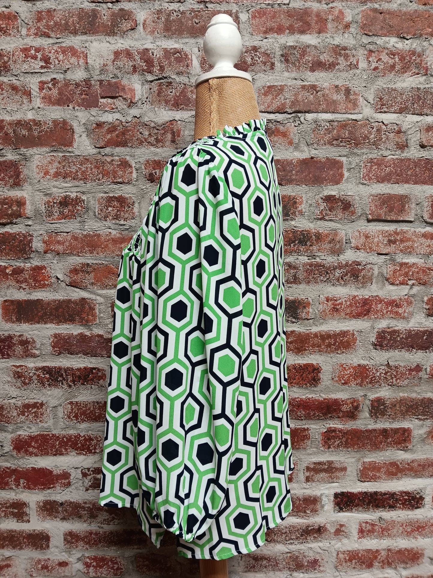 Hexagon Print Navy/White/Green Smocked Neck Top